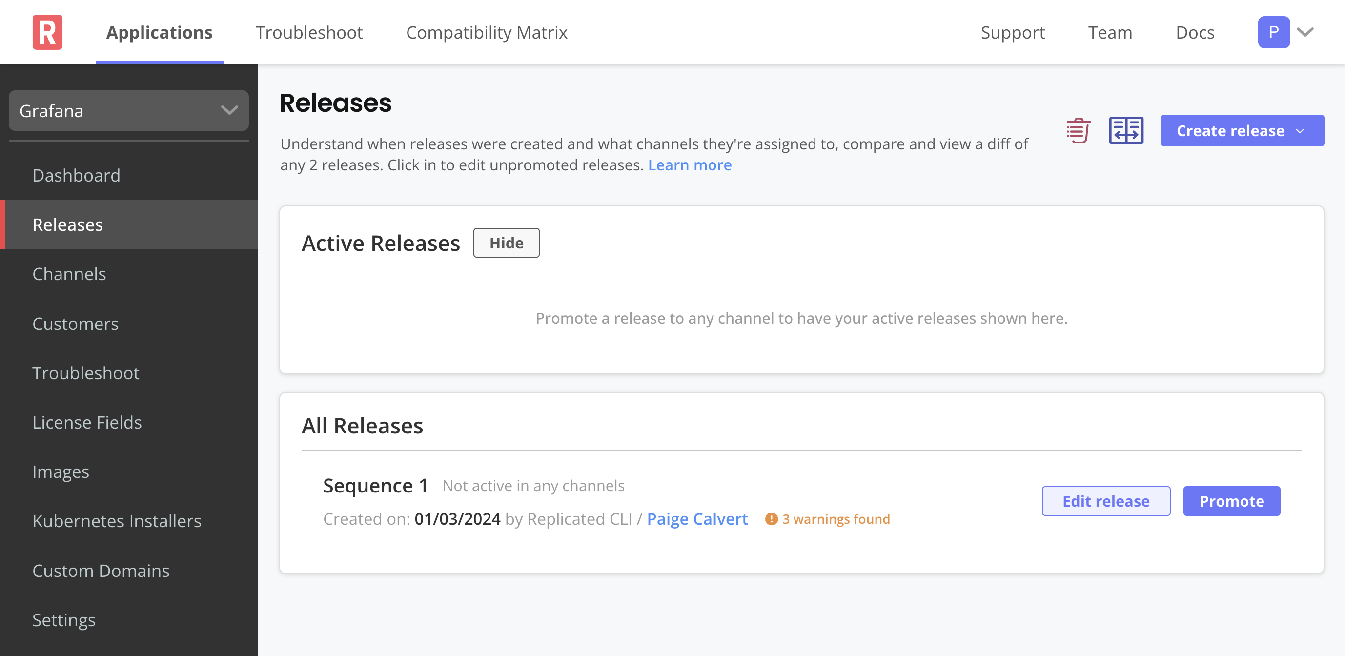 Release page in the Vendor Portal with one release